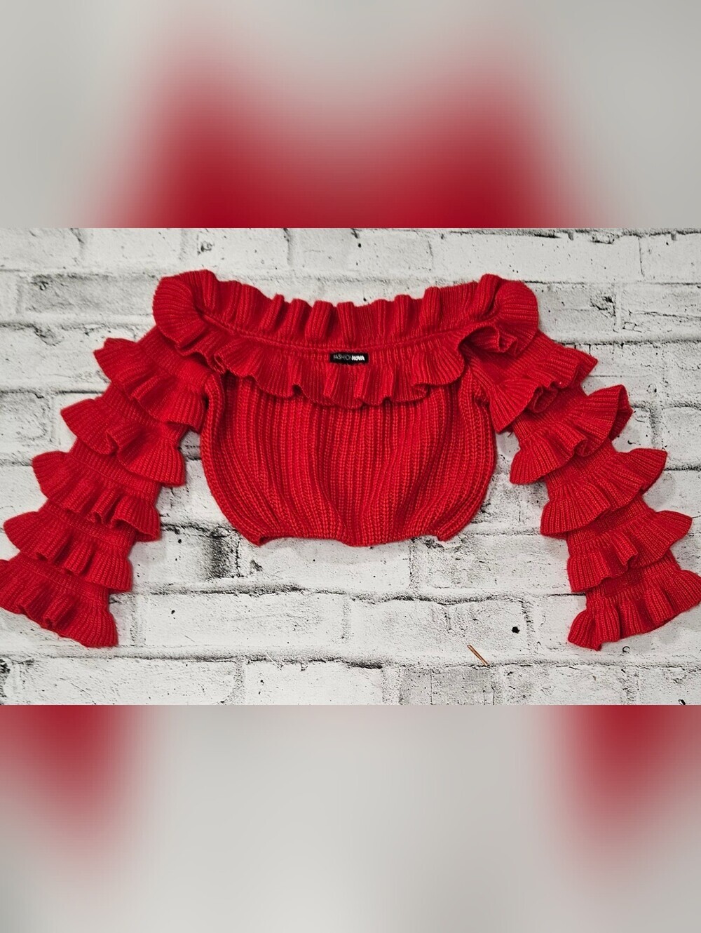 Fashion Nova Red Off Shoulder Ruffle Sleeve Knit Crop Sweater Top L - Picture 5 of 9